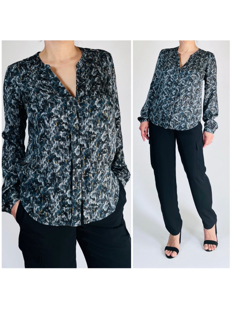Nwt Theory Black Blue Blue Tan Abstract Print Blouse S 100% Silk Relaxed